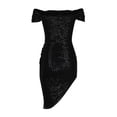 thumbnail image 7 of asdoklhq Floral Dress for Women Off-The-Shoulder Sequin Lace-up Short Sleeve Solid Knee-High Dress Black L, 7 of 7