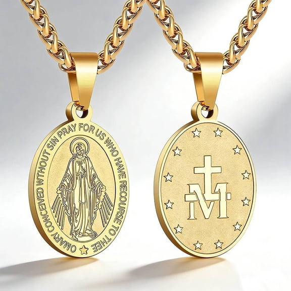 Men's Stainless Steel Miraculous Medal Pendant Necklace, Gold/Silver Tone Cuban Chain, Virgin Mary Catholic Religious Jewelry for Men & Women