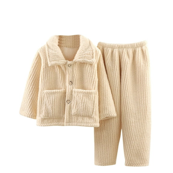 Odeerbi Toddler Boys Girls Flannel Pajama Sets Winter Warm Fleece Loungewear Children's Flannel Lapel Collar Sleepwear Set Long Pants Thickened Home Clothes Set Beige