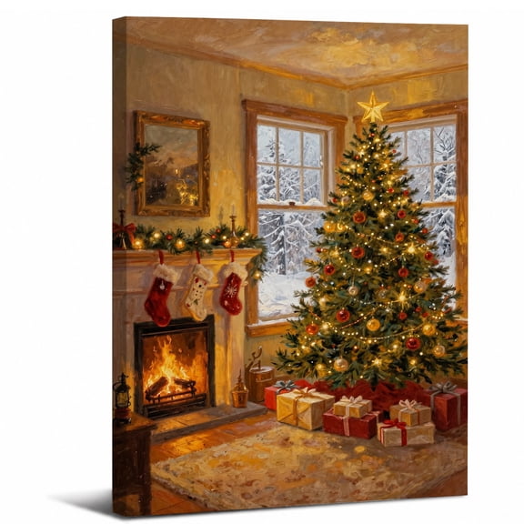 Christmas Tree Canvas Wall Art Framed,Fireplace Stockings Gift Boxes Landscape canvas print for bathroom bedroom or living room decor,8x12in