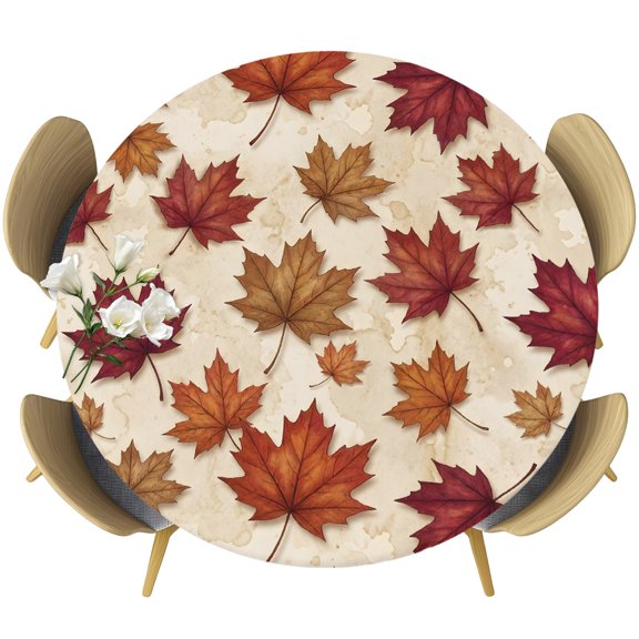 Maple Leaves Round Tablecloth 36-44 Inch Round Fitted Table Cloth with Elastic Edge, Botanical Falling Leaves Rustic Harvest Waterproof Table Cover Protector for Outdoor Picnic Party Dining