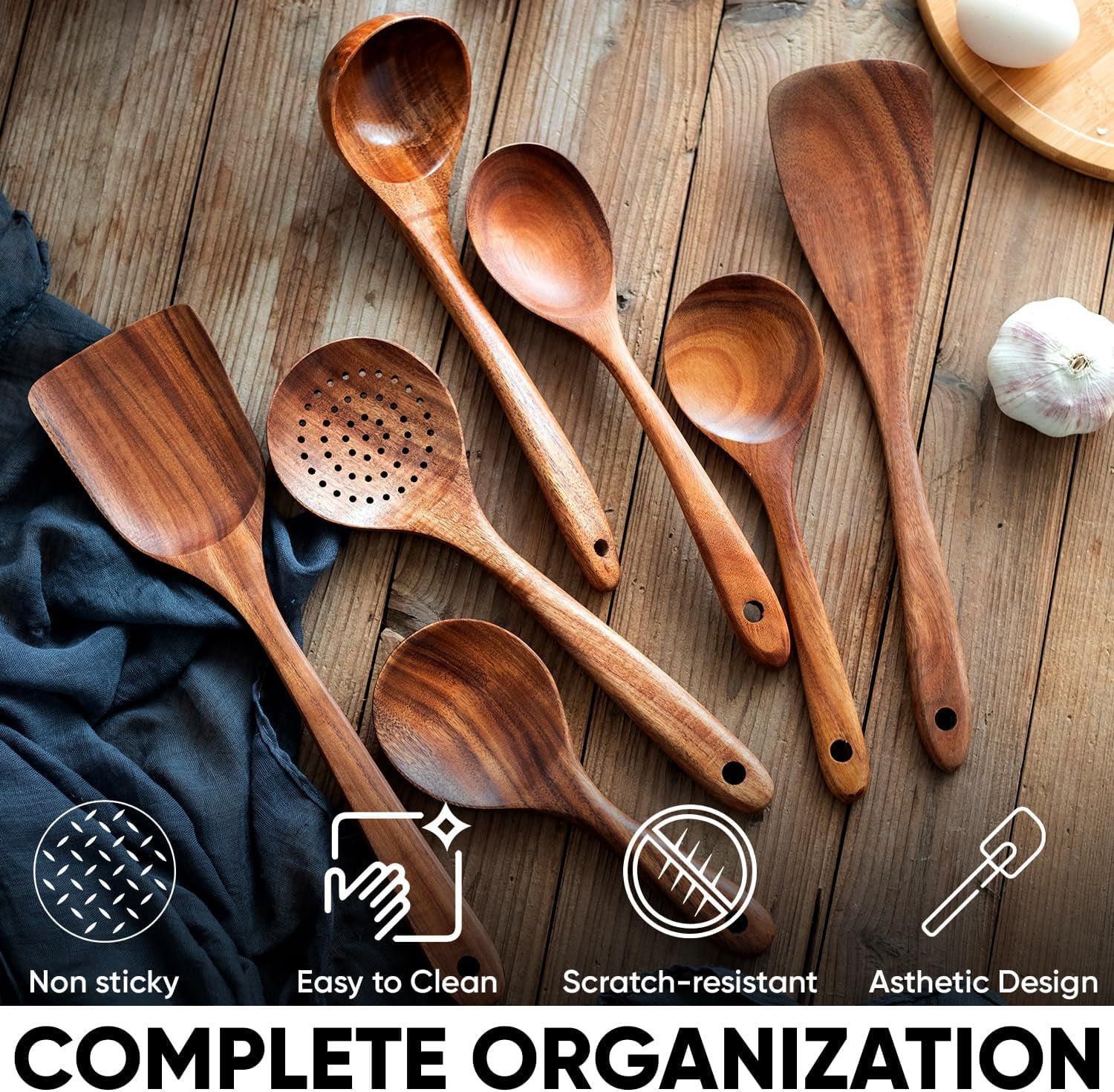 Herlig 10 Piece Teak Wood Cooking Utensil Set  Kitchen Cookware Tools with Spatula, Spoon, Fork