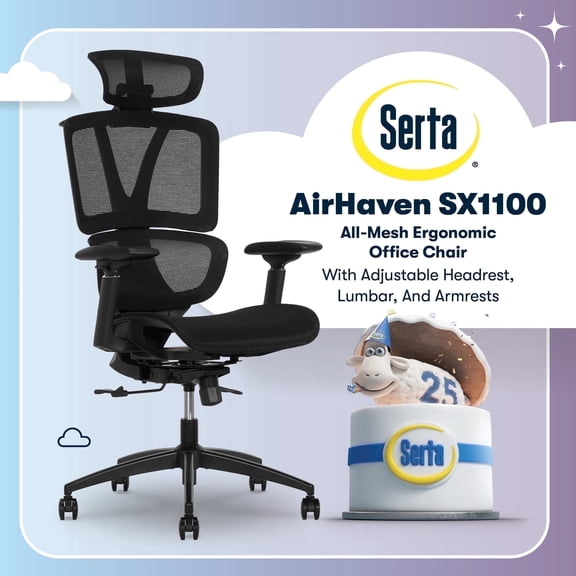 Serta AirHaven SX1100 All-Mesh Ergonomic Chair with Adjustable Headrest, Black