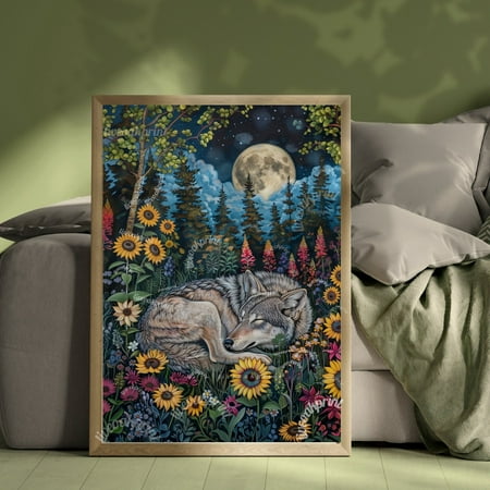 Sleepy Wolf In A Woodland Forest - Woodland Forest Print - Wildflowers And Moon - Woodland Nursery Decor Wall Art Modern Wall Decor 8x12 UNFRAMED
