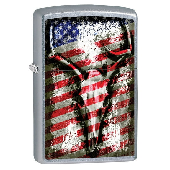 Zippo Lighter: Deer Skull and American Flag - Street Chrome 79572