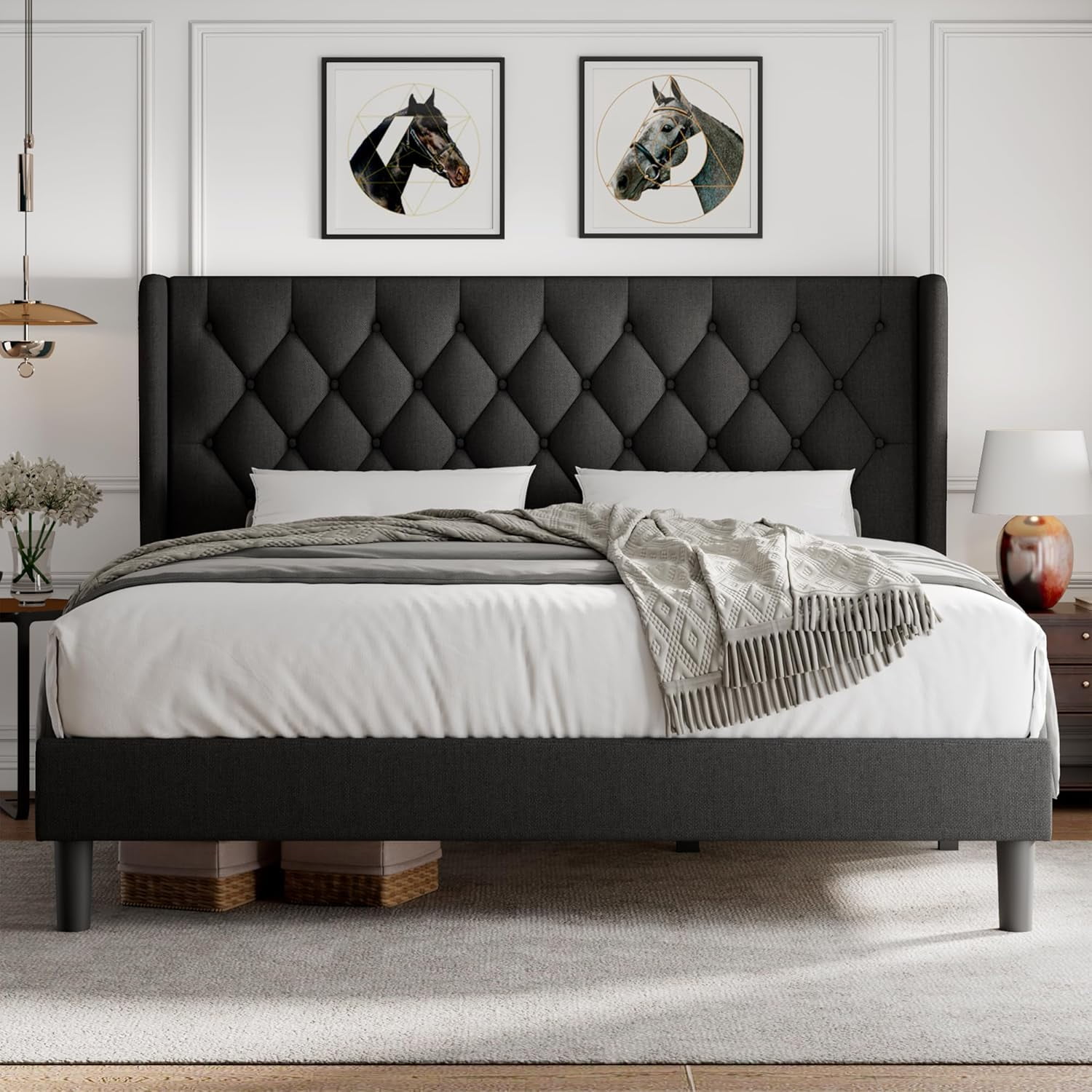 iPormis King Size Bed Frame with Diamond Button Tufted Wingback Headboard, Upholstered Platform Bed Frame with Strong Wood Slat Support, No Box Spring Needed,Black