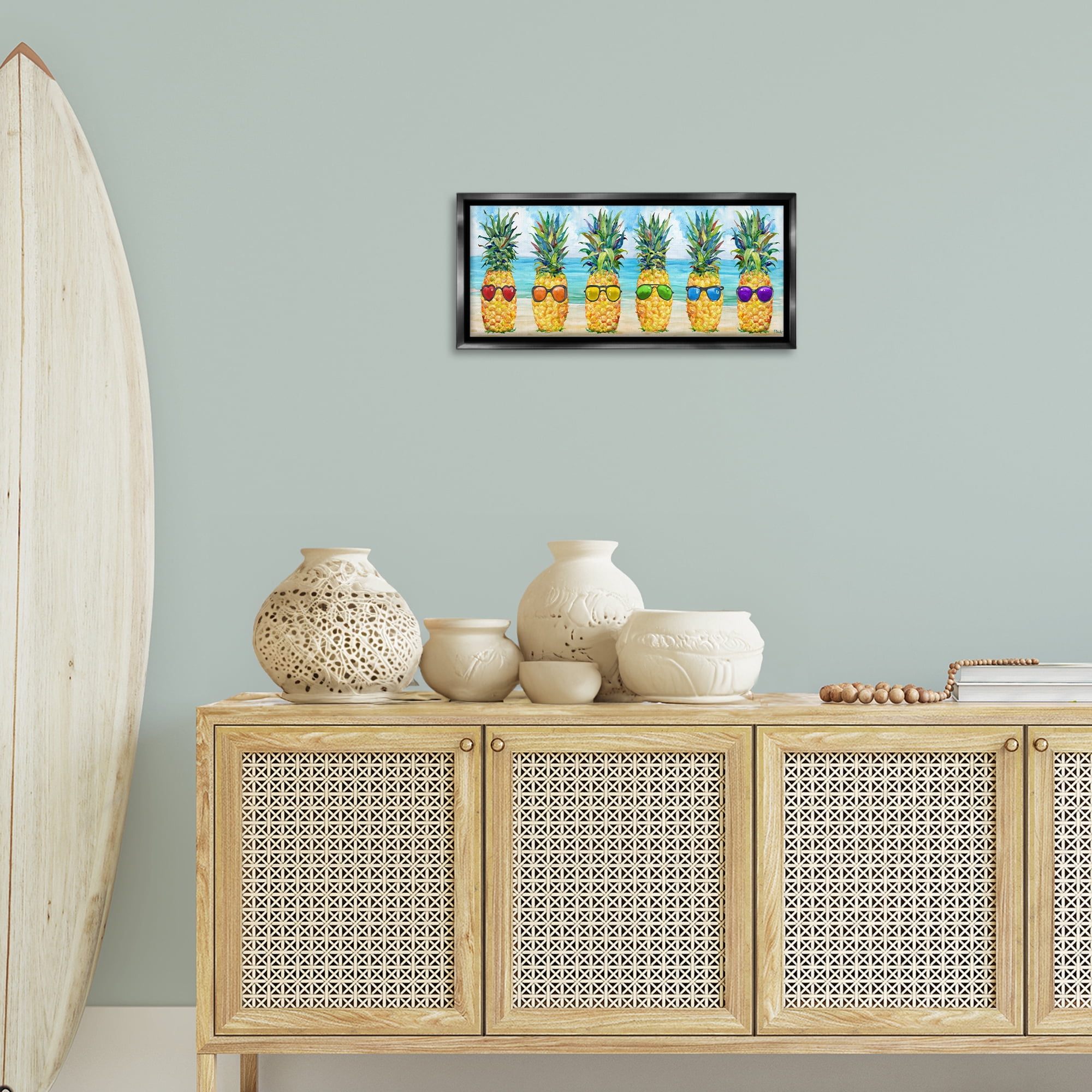 Stupell Industries Rainbow Beach Pineapples Food & Beverage Painting Black Floater Framed Canvas Art Print Wall Art, 25 x 11