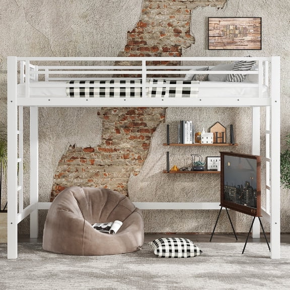Twin XL Size Loft Bed Frame with Easy Climbing Ladder and Guardrails,  Metal Loft Bed Frame with Underbed Space for Bedroom, Apartment, Mattress not included, No Box Spring Needed, White