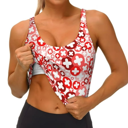 Qokaie Plus Cross Pattern Womens Scoop Neck Sports Bra Breathable Workout Vest Padded U Back Medium Impact Fitness Gym Yoga Bra Workout Crop Top