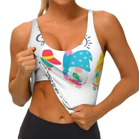 Qokaie Gnomes Summer Pattern Womens Scoop Neck Sports Bra Breathable Workout Vest Padded U Back Medium Impact Fitness Gym Yoga Bra Workout Crop Top