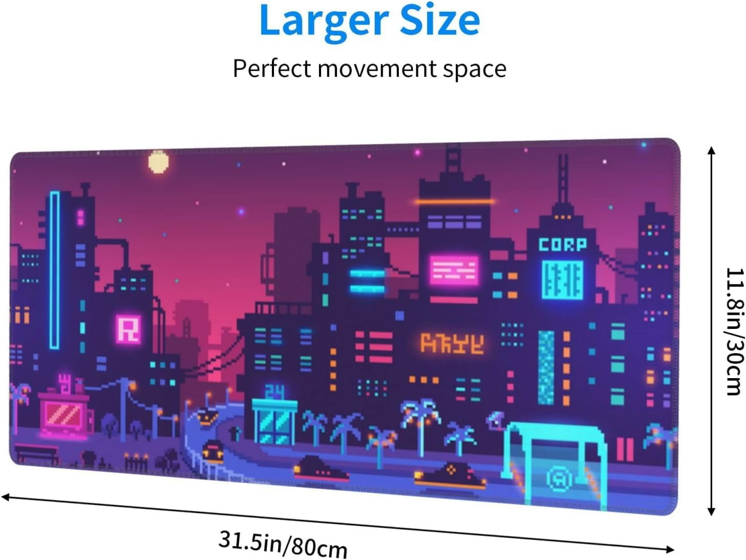 Purple Japanese City Gaming Mouse Pad XL 31.5×11.8 in Retro Pixel Neon Vaporwave Anime Street Extended Mousepad 30X80cm with Non-Slip Rubber Base Stitched Edge Large Desk Mat for Gamer Office Desk