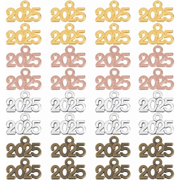 1 caja de 100 piezas de dijes de año 2025, dijes de aleación de oro rosa, plata, bronce, números y letras.