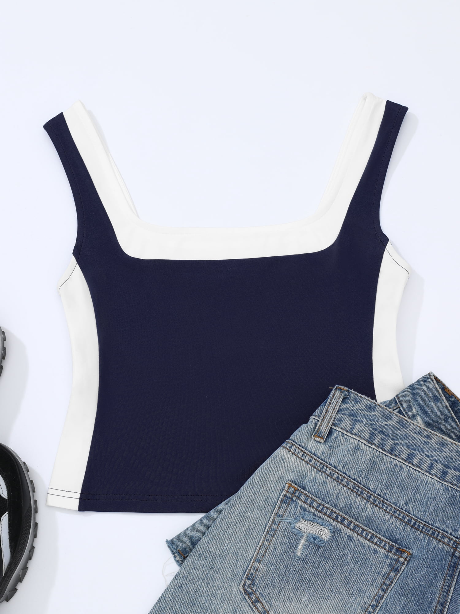 DARING DIVA Women's Crop Square Neck Slim Fitted Color Block Yoga Shirts S Navy