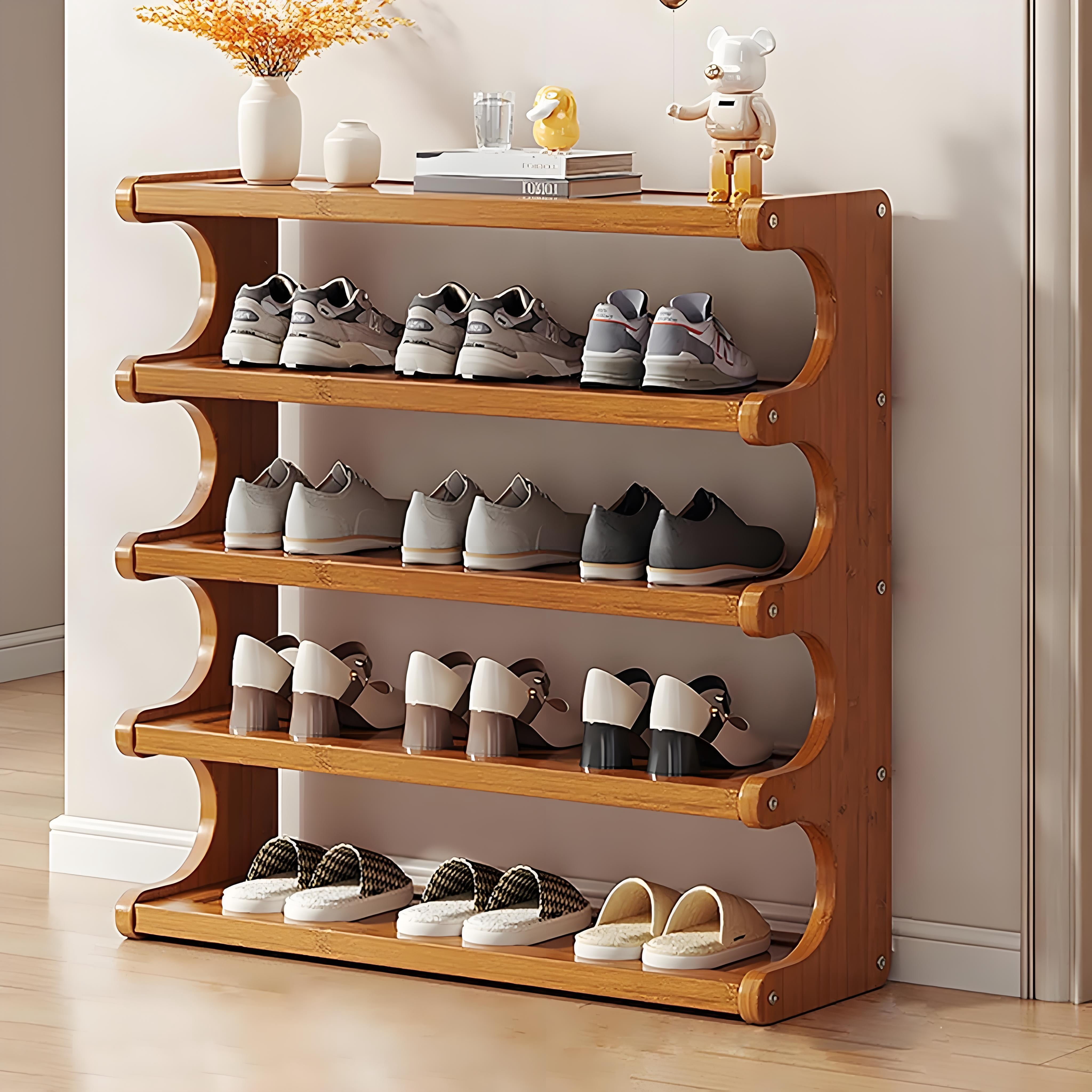 Howcool 5 Tier Bamboo Shoe Rack, Free Standing Shoe Storage Organizer with Wood Grain Finish, Space Saving Multi-Layer Shoe Shelf for Entryway Hallway Closet, Easy to Assemble