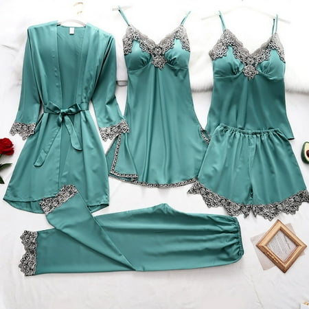 

Women Satin Pajama Set 5Pcs Sleepwear Silky Pajama Set Lace Cami Pjs With Robe Nightwear Note Please Buy One Or Two Sizes Larger