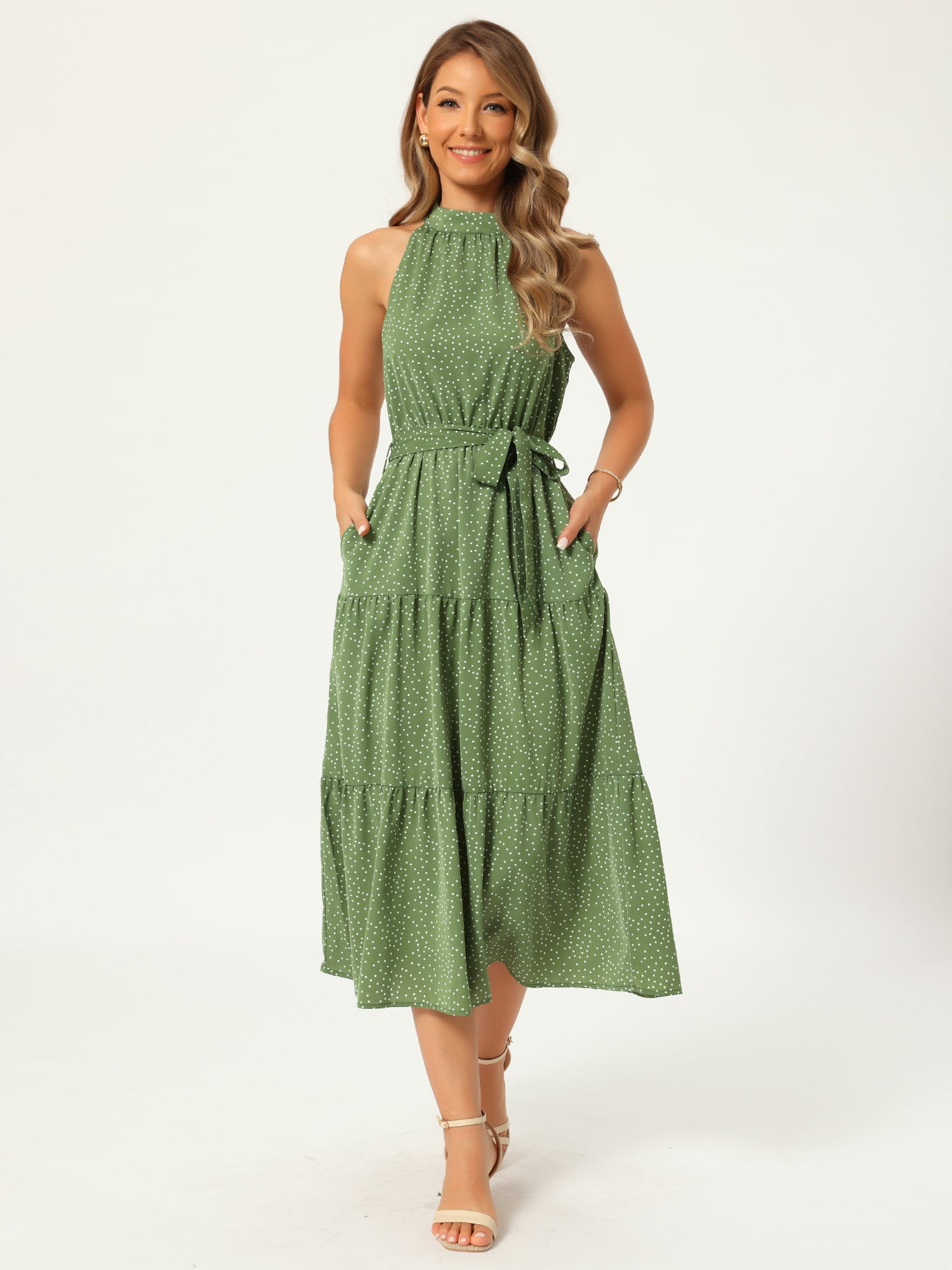 DARING DIVA Women's Halter Tiered Belt Waisted A-Line Flowy Cocktail Dresses XL Green