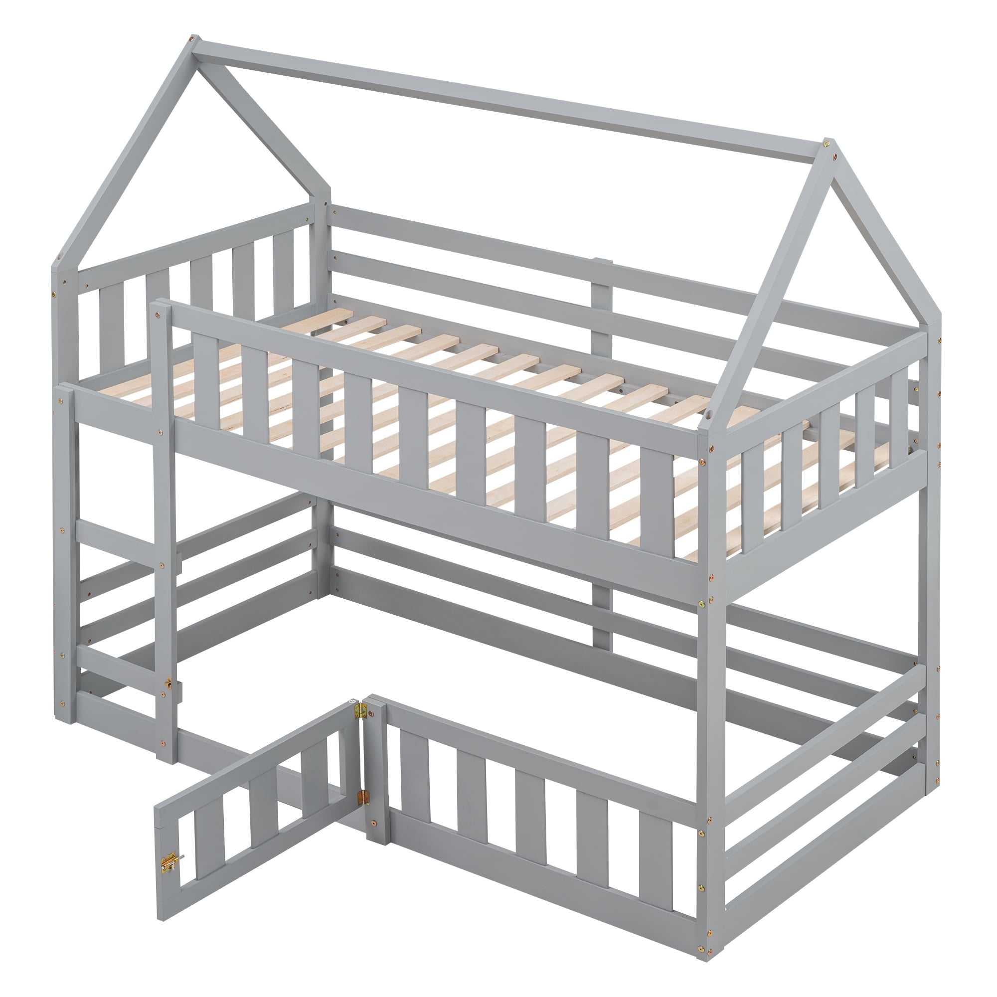 Aukfa Twin-over-Twin Bunk Bed with Fence and Door, Solid Wood House Bunk Bed for Kids Toddy - Gray
