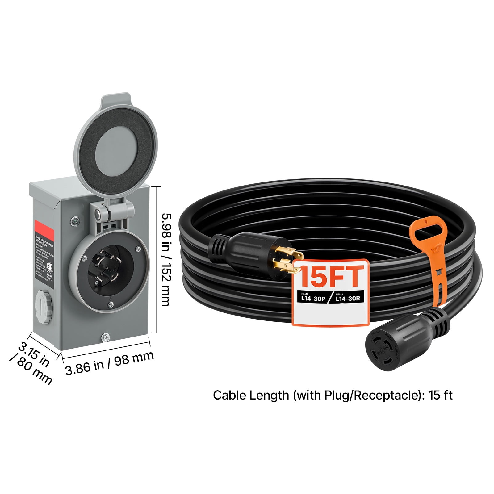 KFFKFF 30 Amp Generator Cord and Power Inlet Box, 15 FT, 125/250V NEMA L14-30P to L14-30R Heavy-Duty Extension Cord, SJTW 10 Gauge 7500W, Pre-Drilled Inlet Box, for Connecting Generator to Home