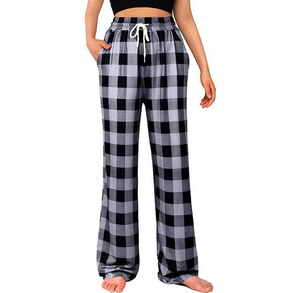 MAWCLOS Ladies Pj Bottoms Elastic Waist Lounge Pant Straight Leg Pajama Pants Loose Sleep Plaid Sleepwear Black Gray 2XL