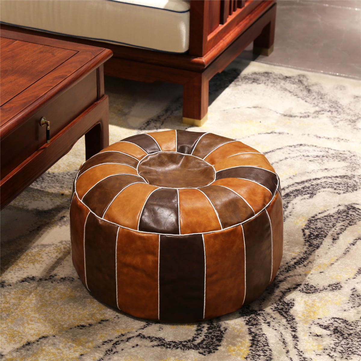 Moroccan Leather Pouf Handmade, Leather Pouf Ottoman