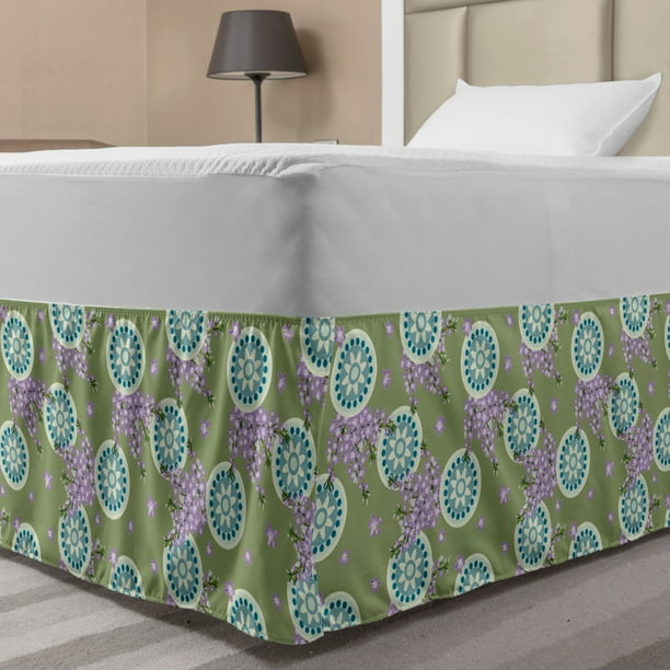 Floral Bed Skirt, Round Ornamented Motif with Spring Flowers, Elastic