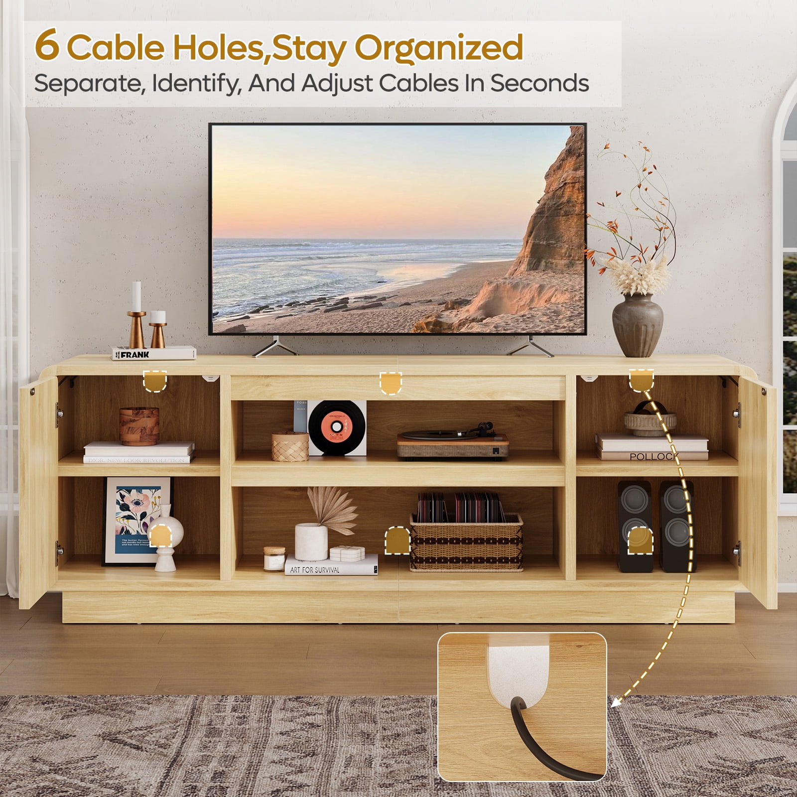 Bestier Arched Door Wooden TV Stand for TVs up to 70", Curved Corner Media Console with Open Shelf,Modern Entertainment Center with Dust-Free Enclosed Base,Natural Oak