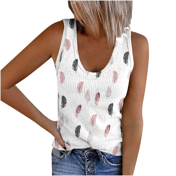 USSUMA Womens Tops Dressy Casual Summer Women Feather Print Tank Tops Round Neck Sleeveless Knit Ribbed Tops Summer Beach Shirts Blouses