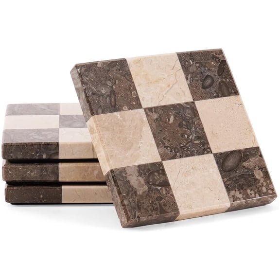 Elborse Marble Coasters Set of 4 Handmade 4 inch Oceanic and Verona Square Checkered Coasters for Drink, Ideal Coaster Set for Home and Kitchen Table Decor