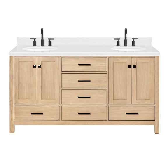 ARIEL Cambridge 66 Inch Double Oval Sink Bathroom Vanity With Carrara White Quartz Countertop 1.5 Inch Edge In Oak