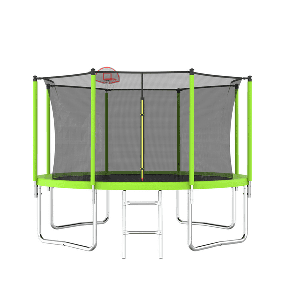 12FT Trampoline Green with Basketball Hoop and Ball, Recreational Trampolines with Safety Enclosure for Back Yard Outdoor