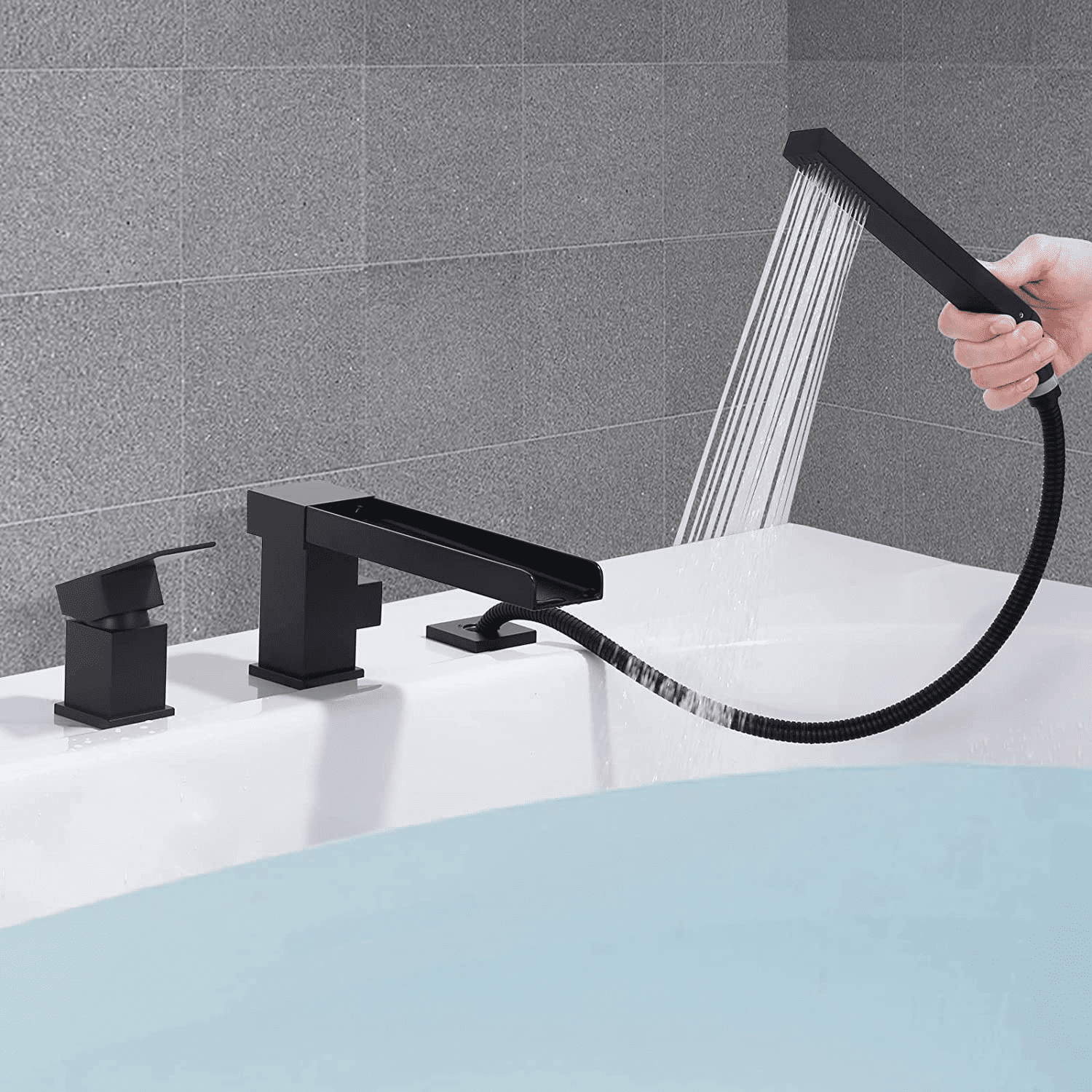 WOWOW Modern Matte Black Jacuzzi Garden Bathtub Faucet With Sprayer, Waterfall Deck Mount Bathroom Roman Tub Filler