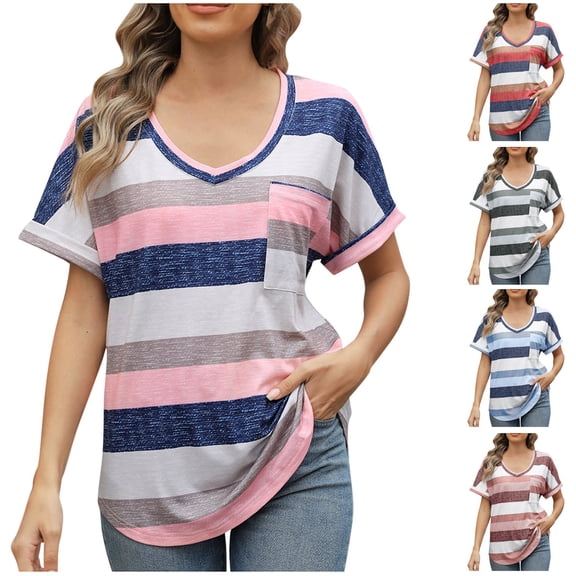 Olyvenn Womens Short Sleeve T Shirts V Neck Tees Shirts 2025 Fashion Tops Color Blocks Casual Loose Fit Summer Spring Outfits Blue 8-10