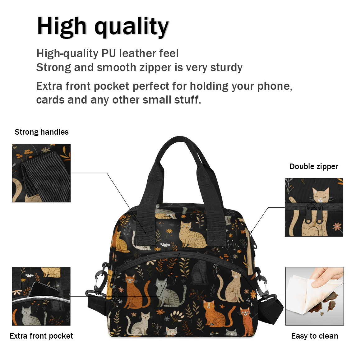 Herdesigns Colorful Cats Insulated Lunch Bag for Women Men Adults Large Reusable Lunch Box Leakproof Portable Cooler Tote Bags with Adjustable Shoulder Strap
