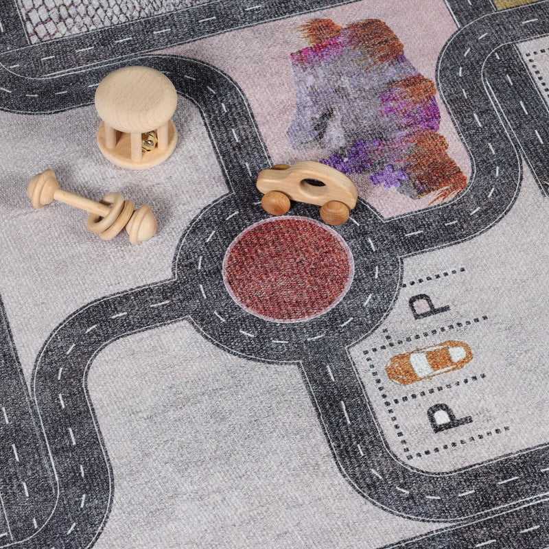 Superior Country Road Non-Slip Washable Indoor Play Rug, 5' x 5', Mossy Gold
