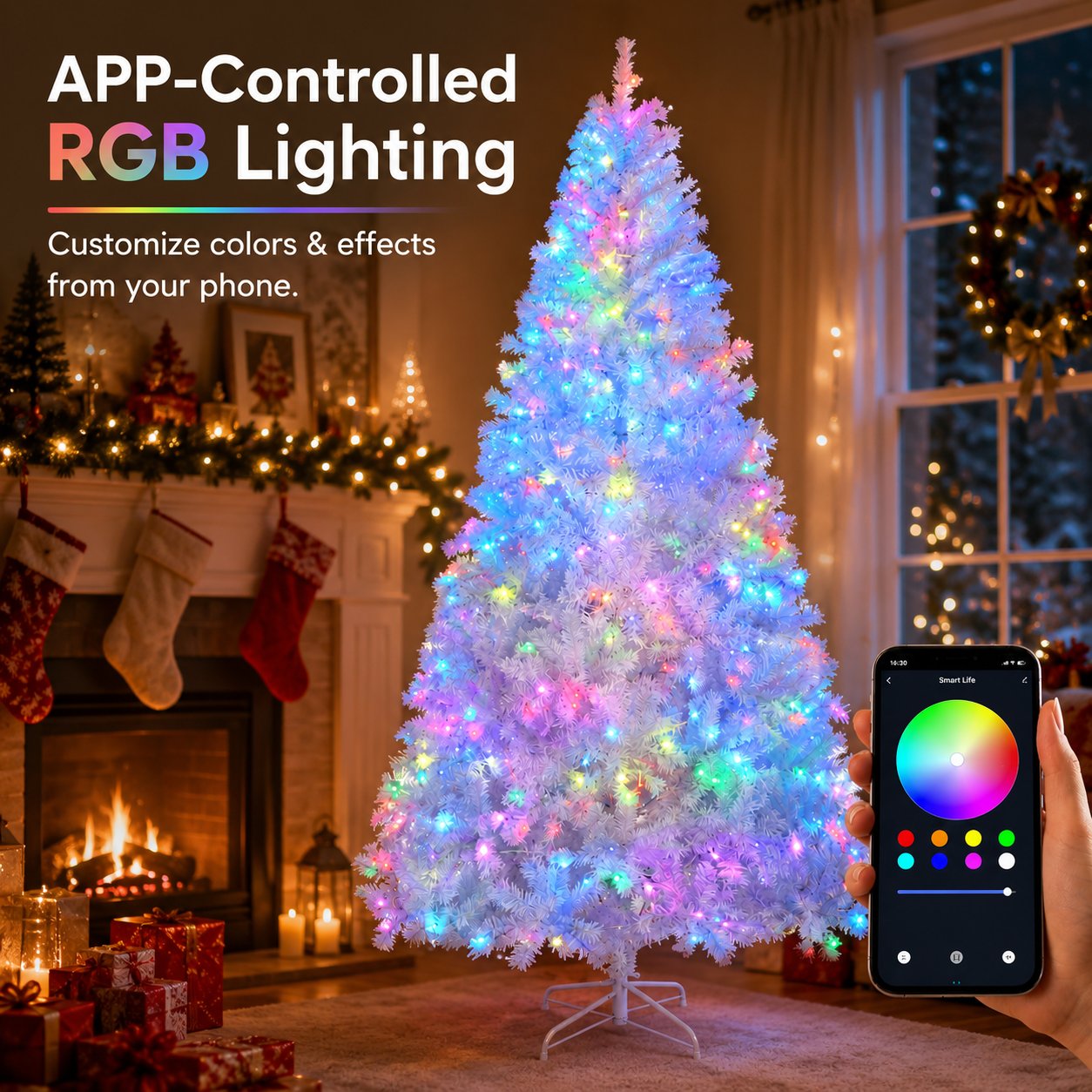 Alvantor 7 ft Pre-Lit Artificial Christmas Tree with 400 App-Controlled RGB LED Lights, Hinged Branches and 1150 PVC Tips, White