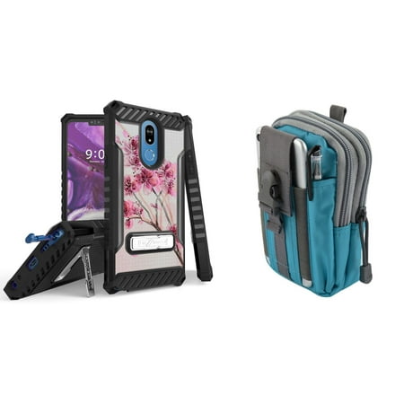 BC Tri Shield Series Compatible with LG Stylo 5 (2019) Case Military Grade Certified Rugged Cover (Cherry Blossom) with Tactical MOLLE Organizer Travel Pouch (Blue/Gray) and Atom
