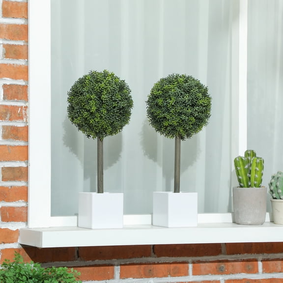 HOMCOM Lifelike Artificial Plants Set of 2, 1.5FT Fake Boxwood Topiary Balls with 114 PE Leaves, Potted Faux Trees for Home Office Decor, Green