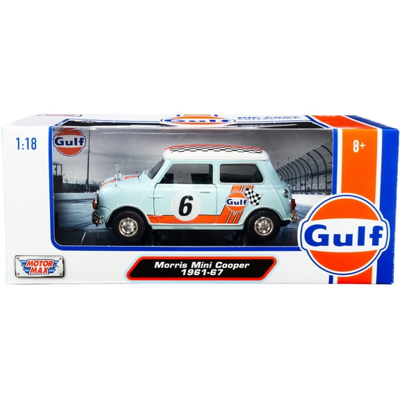 1961-1967 Morris Mini Cooper RHD #6 "Gulf Oil" Light Blue with Orange Stripes and Checkered Top 1/18 Diecast Car by Motormax