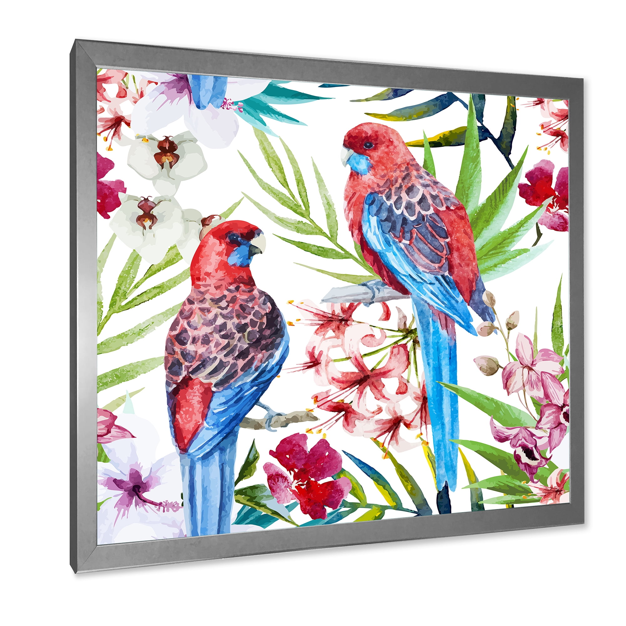 Designart 'Rosella Birds Sitting On Flowers Tree Branch' Traditional Framed Art Print