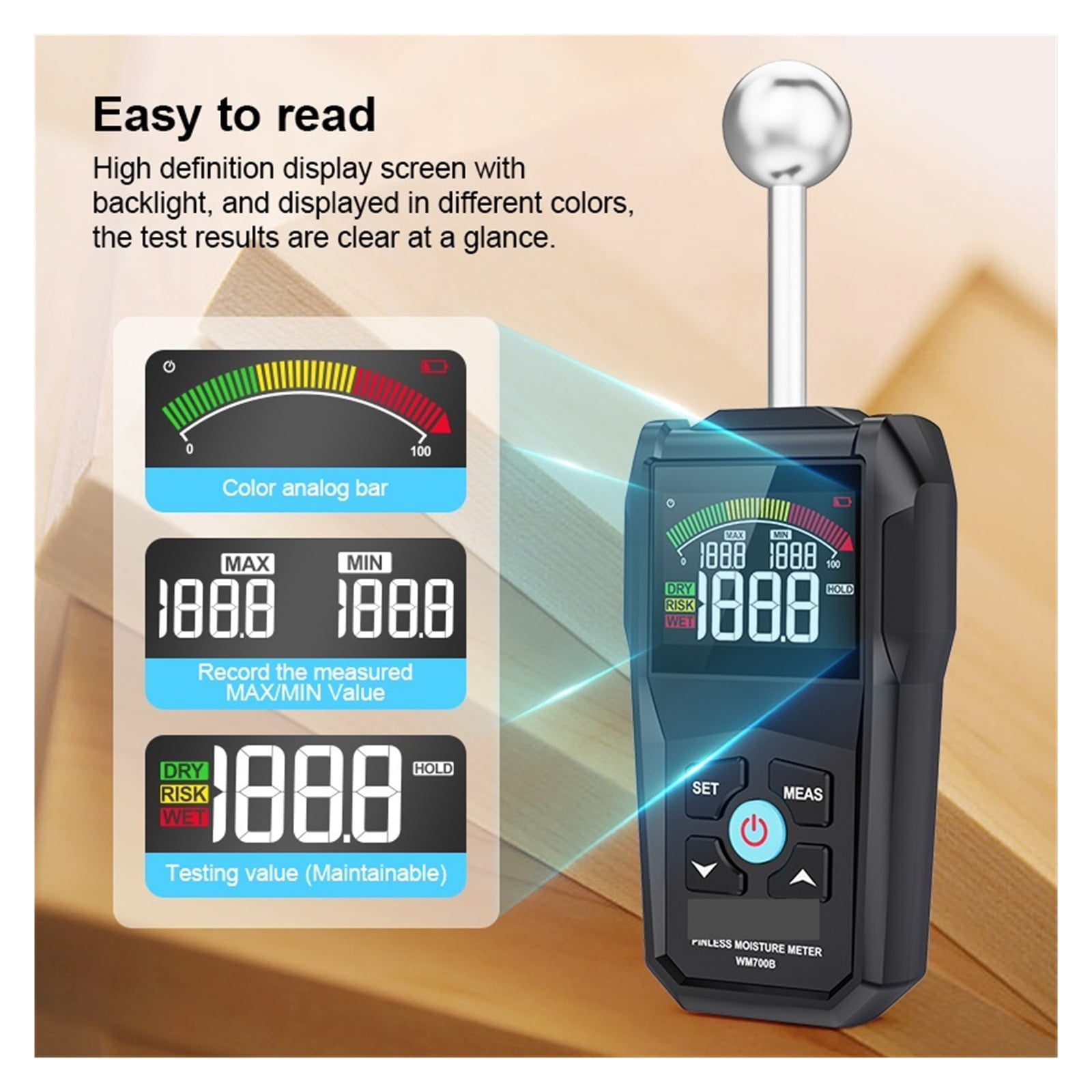 Moisture Meter For Wood Meter Non-destructive Hygrometer Double Sided Humidity Tester Self Calibration Timber Damp Detector ,Wide Applications