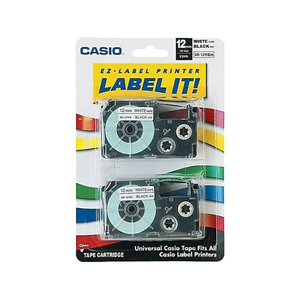 Casio XR12WE2S Label Maker Tapes 0.47"W Black On White 2/Pack 888141
