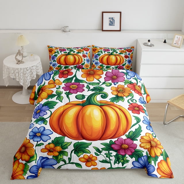 YST Ensemble de Douillette Citrouille d'Automne Joyeux Action de Grâce Ensemble de Literie Format Double Hippie Fleurs Colorées Feuilles Ensembles de Douillette Literie Rustique de Ferme Insert de Couette d'Action de Grâce pour Femmes Hommes
