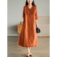 thumbnail image 1 of 2022 Summer New Women's Cotton and Linen Dress Loose Stitching Solid Color Cotton and Linen V-neck Five-point Sleeve Mid-lengthM Gao Jinjia LED, 1 of 2