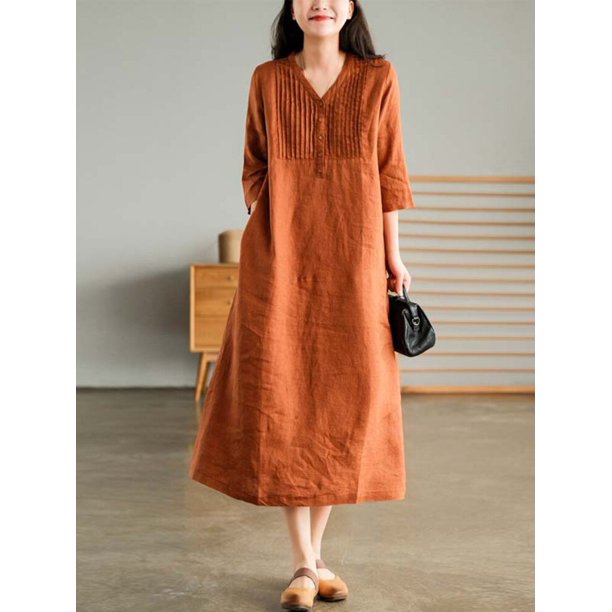 2022 Summer New Women's Cotton and Linen Dress Loose Stitching Solid Color Cotton and Linen V-neck Five-point Sleeve Mid-length3XL Gao Jinjia LED