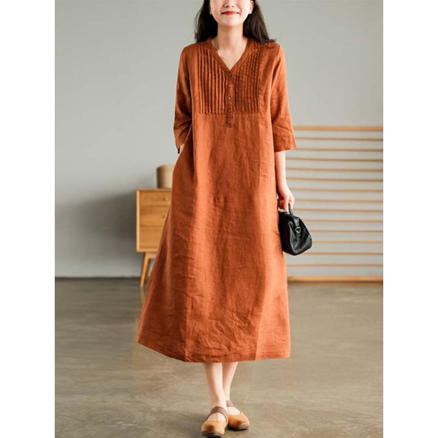 2022 Summer New Women's Cotton and Linen Dress Loose Stitching Solid Color Cotton and Linen V-neck Five-point Sleeve Mid-lengthM Gao Jinjia LED