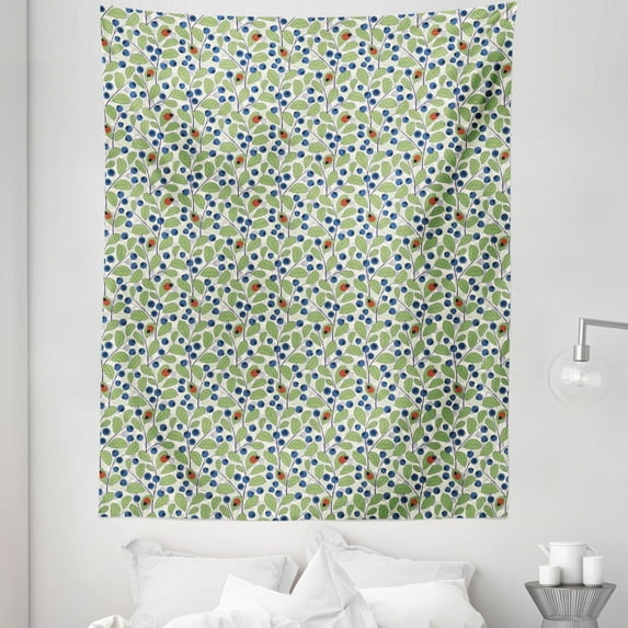 Ladybug Tapestry, Little Bugs on Bilberry Leaf Branches Foliage Plants Gardening Theme, Fabric Wall Hanging Decor for Bedroom Living Room Dorm, 5 Sizes, Vermilion Dark Blue, by Ambesonne