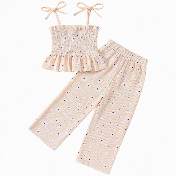 TOWED22 Toddler Girl Clothes Infant Baby Outfits 2pcs Sleeveless Lace Crop Top Wide Leg Long Pants Set(White,5-6 Y)