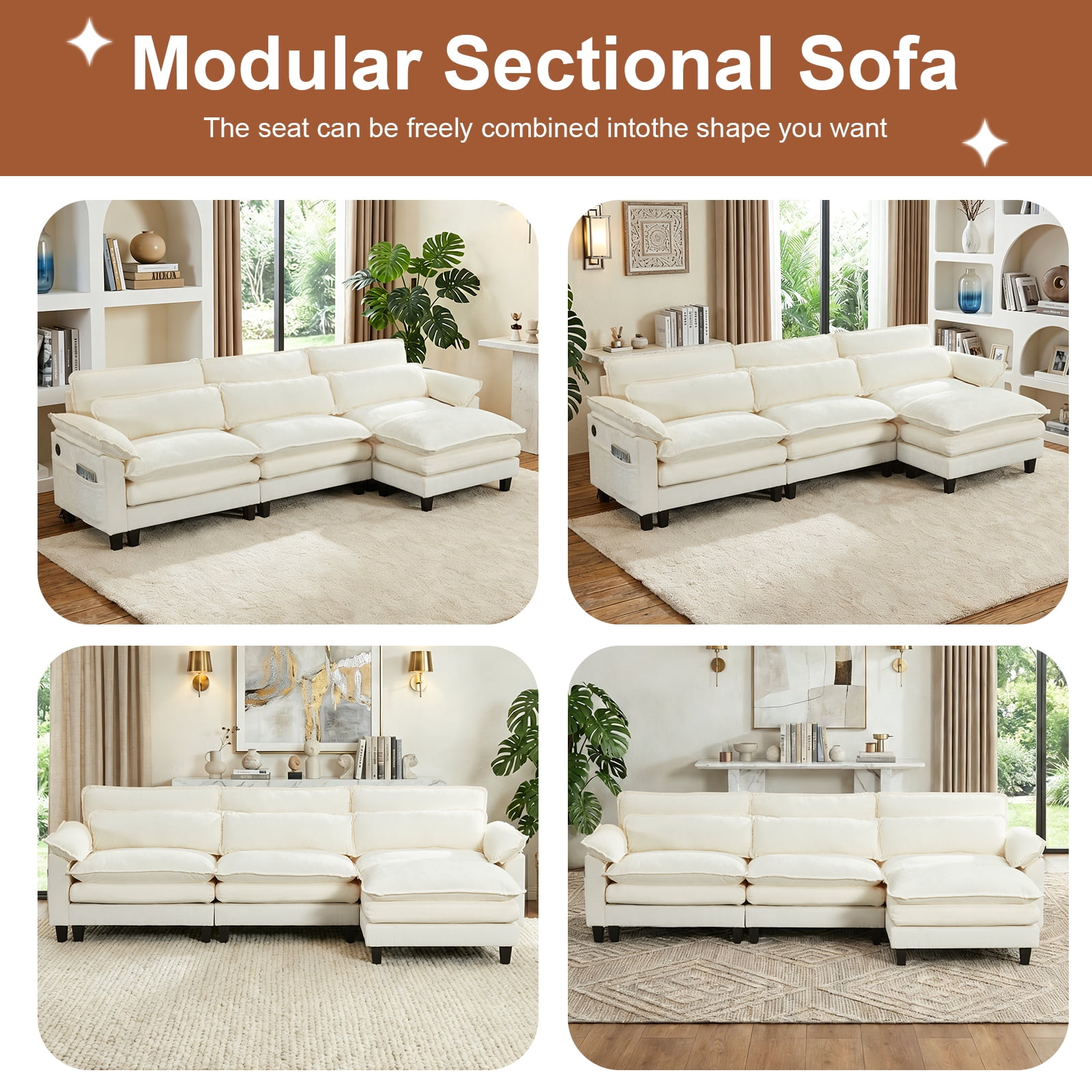 Howcool 113" Modular Sectional Sofa with Movable Ottoman , 3 Seater L Shaped Cloud Couch for Living Room, USB Charging Ports & Side Pockets, Chenille Fabric, Beige