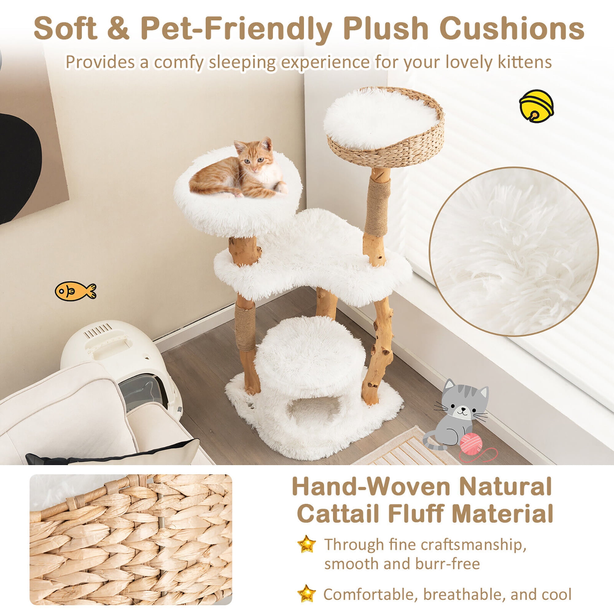 Gymax 49'' Tall Wooden Cat Tree Solid Wood Cat Tower with Jute Scratching Posts