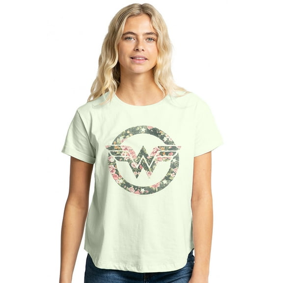 Wonder Woman Floral Wonder Woman Logo Women's Graphic T-Shirt Rolled Sleeve Tee